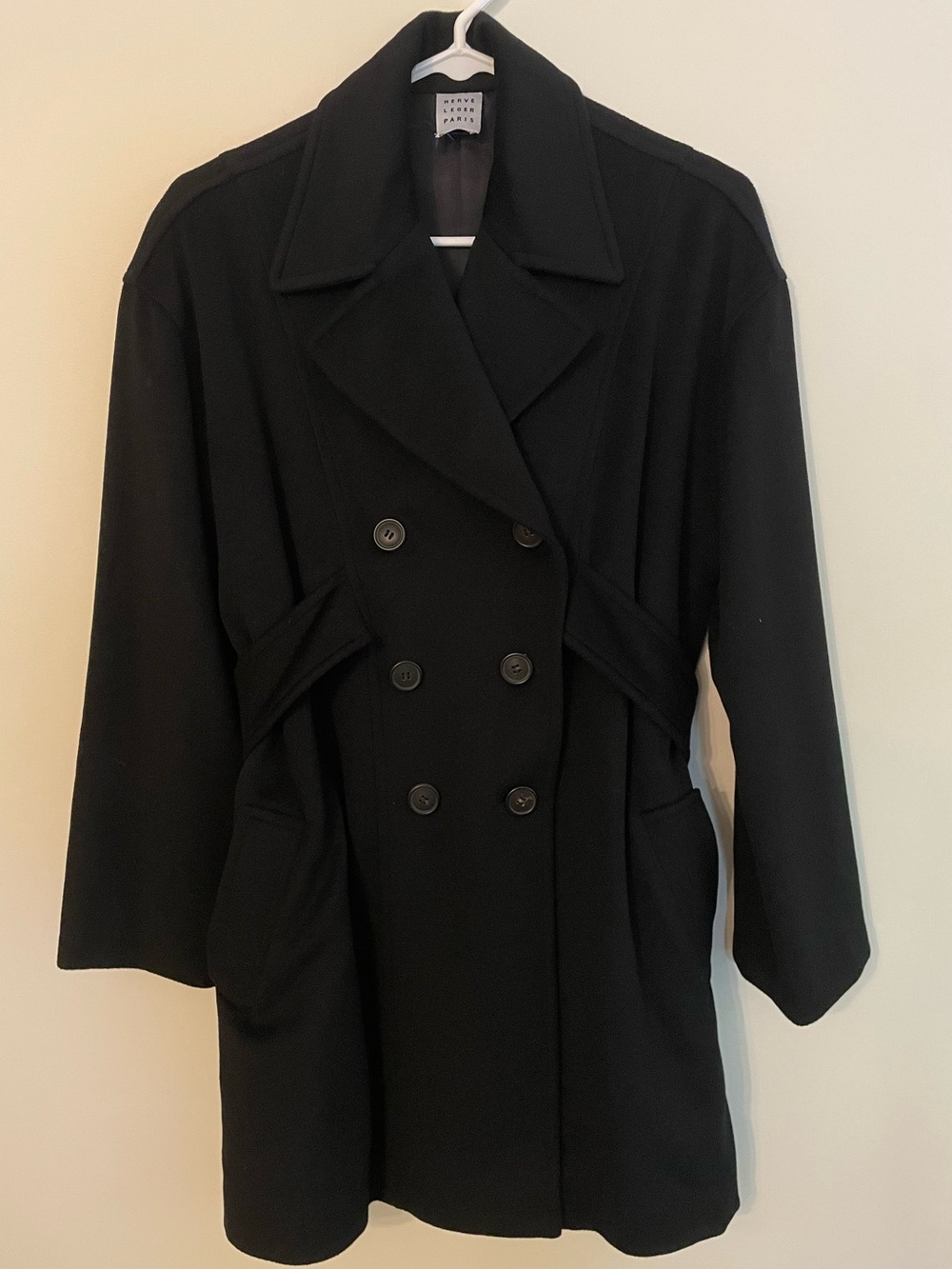 Vintage 90s Hervé Léger Paris Black Wool Double Breasted Coat Cinch Waist M 6/8